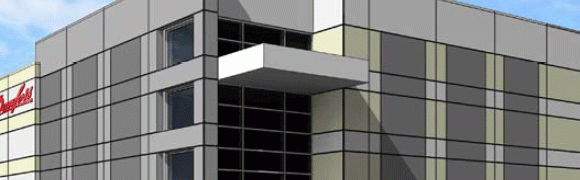 Modern building facade with glass and concrete elements.