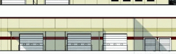 Two garage doors on a building with a beige and maroon exterior.