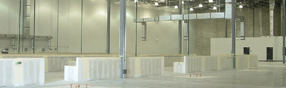 Empty industrial warehouse with concrete floors and large pillars.