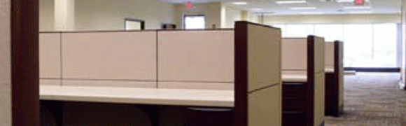 Empty office cubicle with neutral decor and fluorescent lighting.