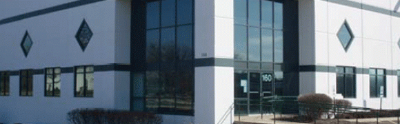 Glass windows reflecting trees on a building corner.