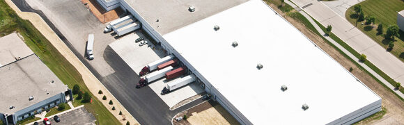 Aerial view of warehouse with loading docks.