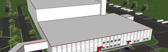 Industrial building with parking lot design.