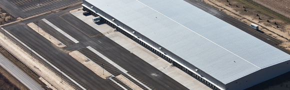 Aerial view of a large warehouse facility.