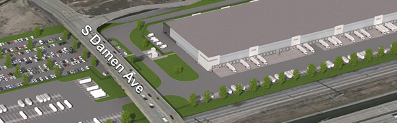 Warehouse with parking lot and surrounding roads.
