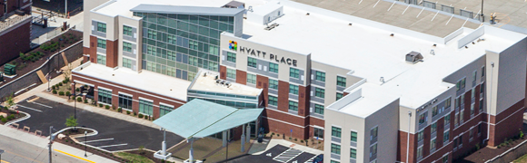 Aerial view of a modern hotel building.