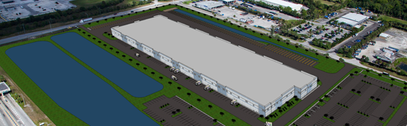 Aerial view of a large warehouse complex.