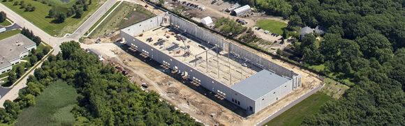 Aerial view of building under construction.