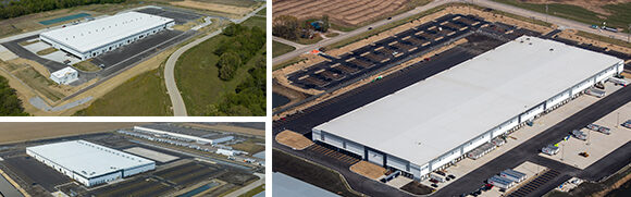 Aerial views of large industrial buildings.